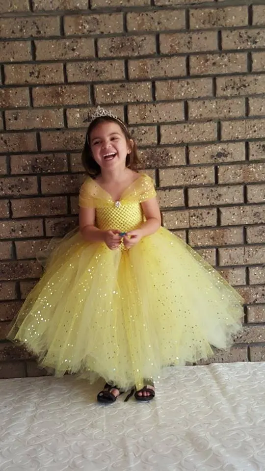 1-10Y Princess Shining Tulle Flower Girl Yellow Dress Kids Party Pageant Wedding Flower Girls Dress Cute Gown Dress Robe Enfan