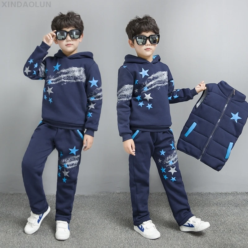 Boys Fall Winter Clothing 3 Pcs Set Children's Velvet Thickened Clothes 3-14Yrs Teenager Kids Vest Coat + Sweatshirt + Pants P24