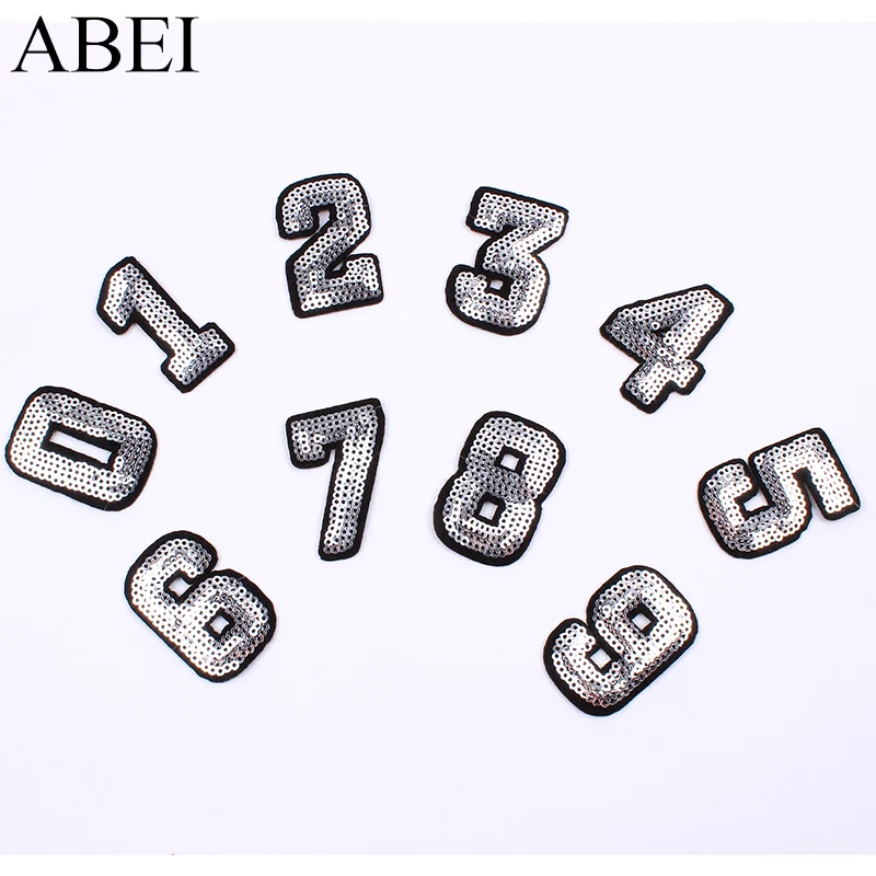 10pcs Silver Sequined digital Patch Iron On Number Sticker Clothes Appliques DIY Jeans Backpack Badge Handmade Patchwork Craft
