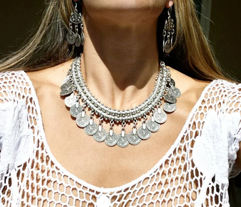Bohemian Türkische Ethnische Metall Gypsy Strand Halsband Bib Münze Quaste Kragen Halskette Für Frauen Indischen Charme Turk Party Schmuck – Detail 4