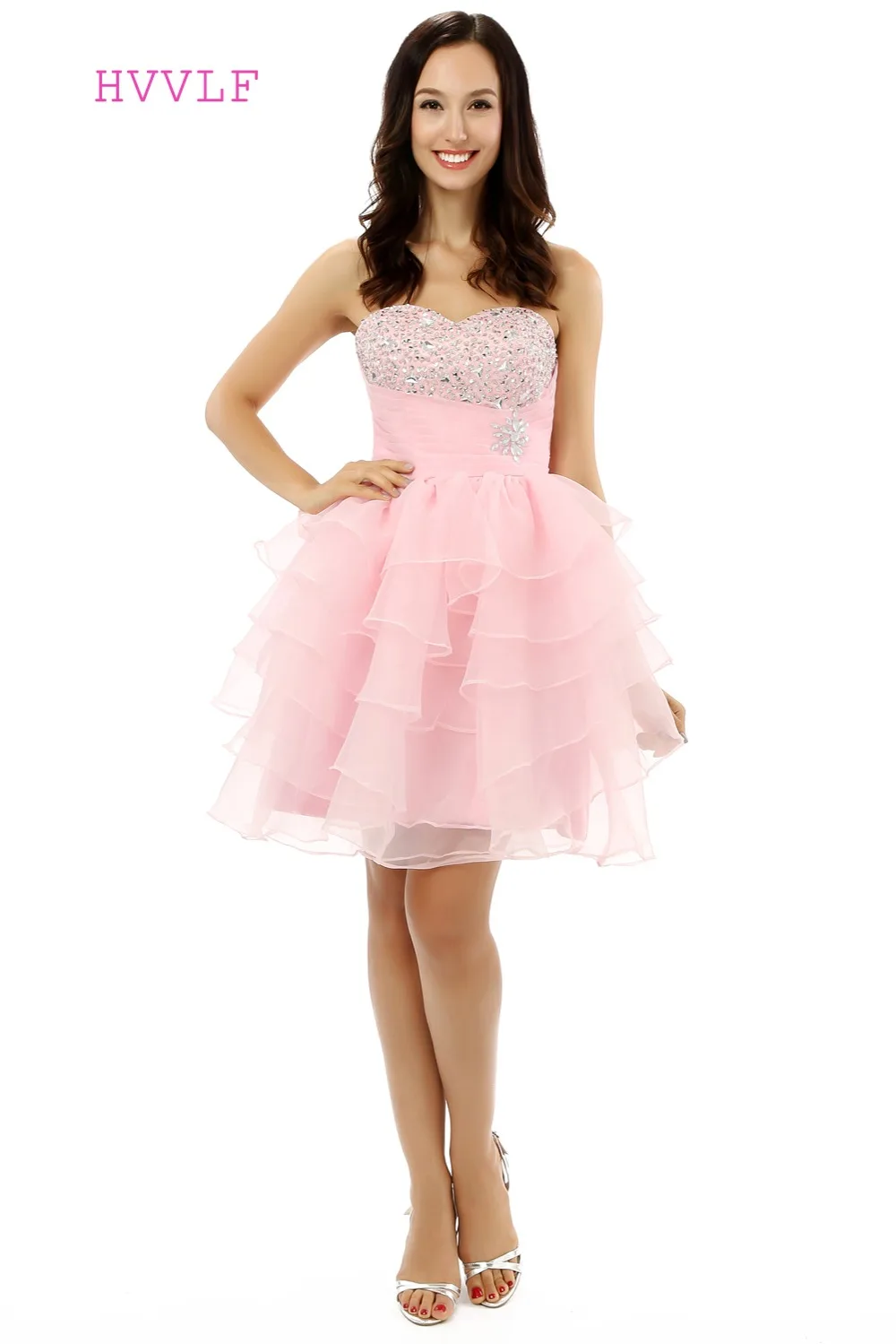 

Pink Homecoming Dresses A-line Sweetheart Organza Lace Crystals Short Mini Sparkly Sweet 16 Cocktail Dresses