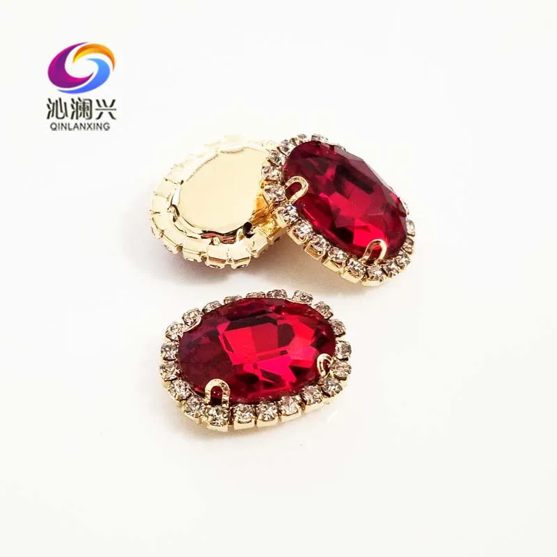 Golden Bottom Red Color Glass Crystal Rhinestones, Oval Shape Buckle, Used for Needlework, Diy/Clothing/Sewing Accessories