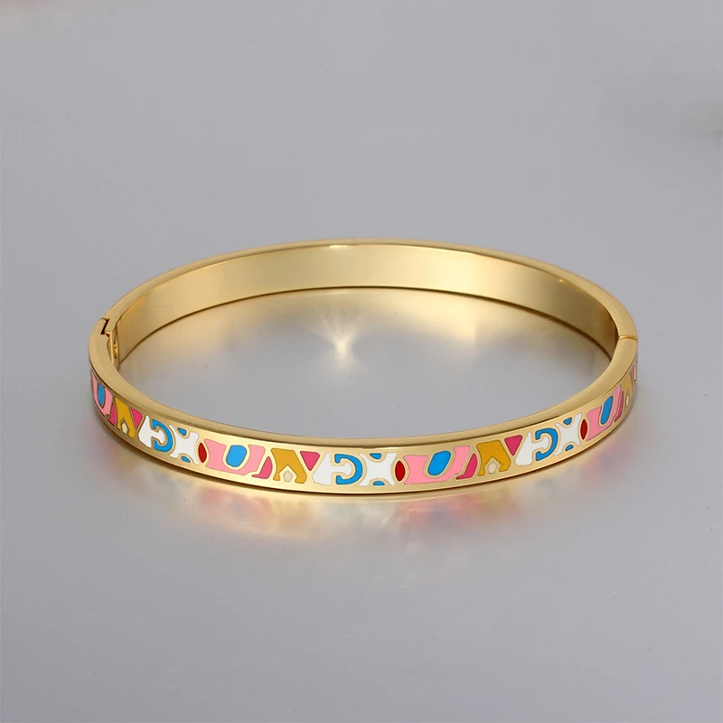 Color Culture Femme Titanium Stainless Steel Open Bangles Ethnic Colorful Enamel Costume Jewelery