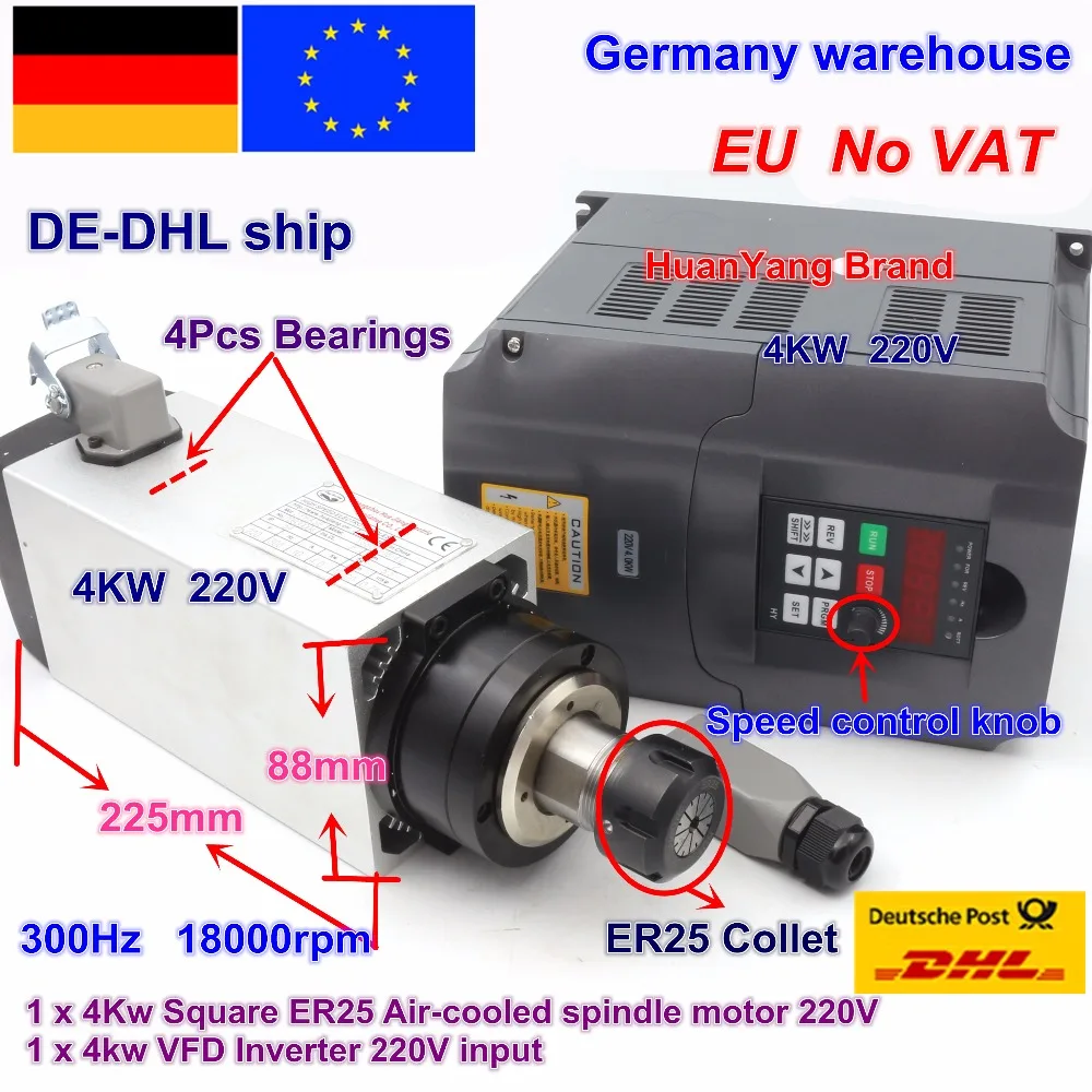 【Free VAT】 Square 4kw ER25 Air cooled Spindle Motor 4 bearings & 4kw VFD Inverter 220V for CNC Router Engraving Milling Machine