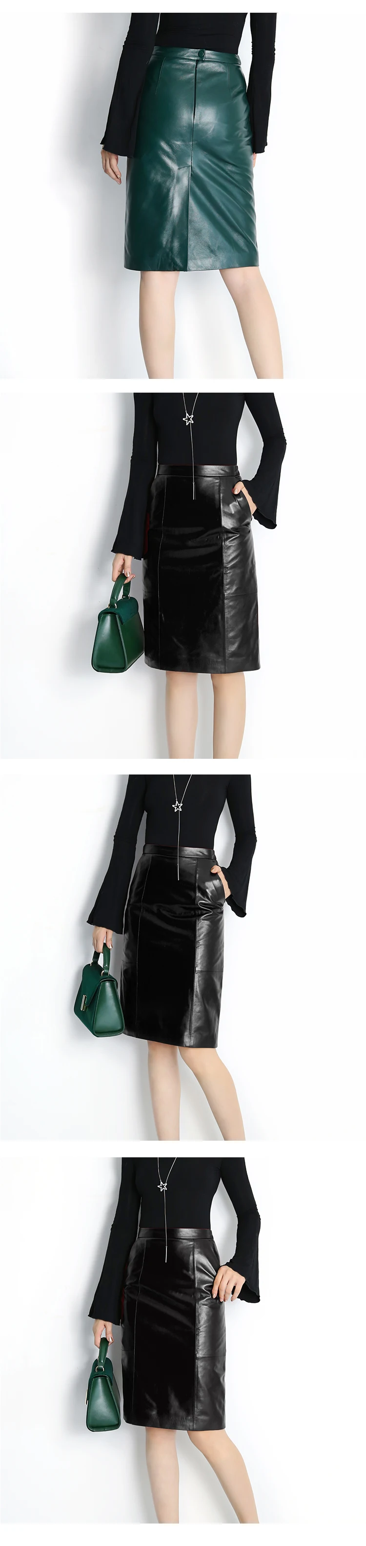 RYS8345 Winter NEW OL Genuine Leather Midi Long Wrap Skirt Ladies Elegant Simple Dark Green/Black/Pink/Blue Sexy Jupe Mujer Saia