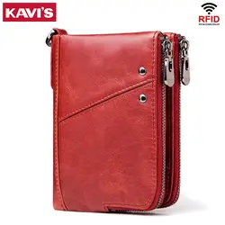 KAVIS Genuine Leather Women Wallet Female Red Rfid Coin Purse Small Walet Portomonee PORTFOLIO Money Bag Lady Mini Card Holder