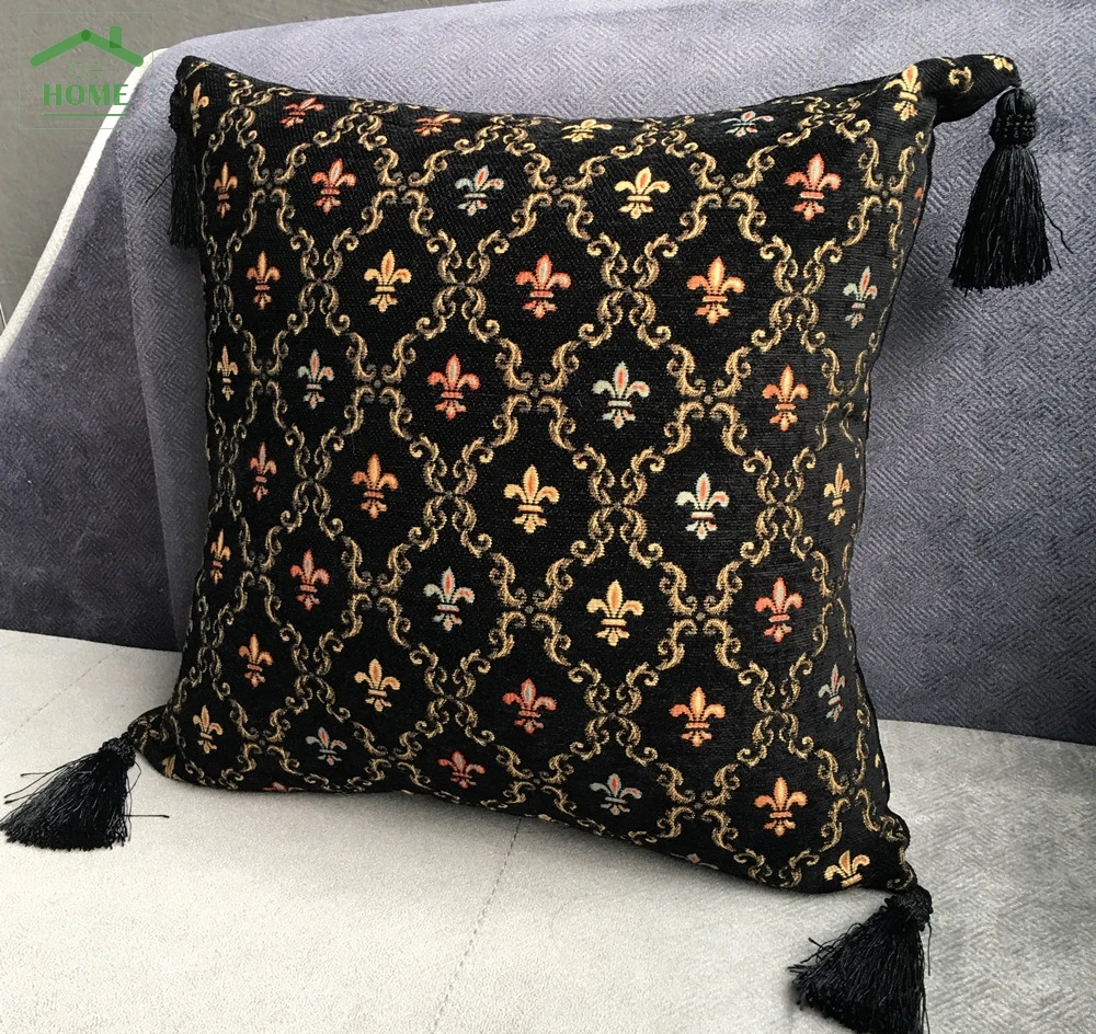 Classic Black Chenille Vintage Check Cushion Cover Tassels Pillow Case Decoration Home Use Pillow Cover 45 x 45 cm