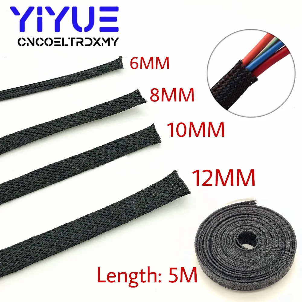 5M Black Insulated Braid Sleeving 6/8/10/12mm high quality PET Wire Cable Protection Expandable Cable Sleeve Wire Gland