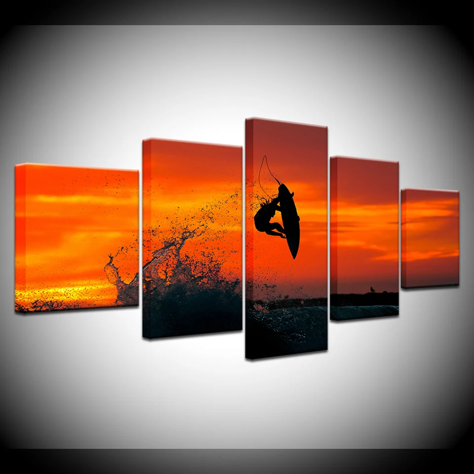 

Sea surfing with sunset sky 5 Piece Wallpapers Art Canvas Print modern Poster Modular art painting for Living Room Home Decor