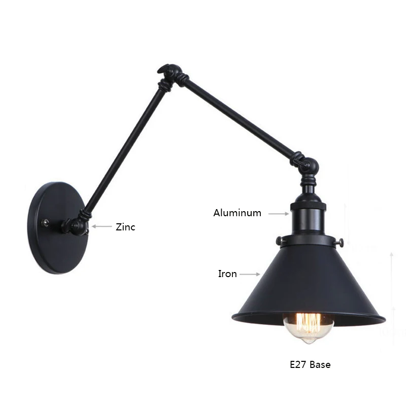 Industrial Sconce Wall lights Vintage E27 Home Bedroom Indoor corridor Long Arm Retro Wall Lamp Led Wandlamp Black Copper