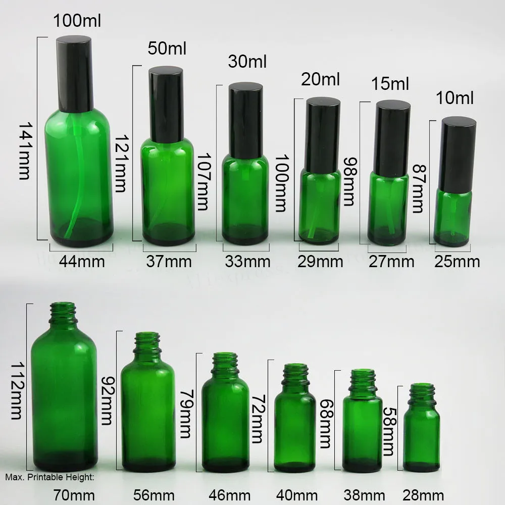 200 x Refillable Green Glass Bottle With Aluminium Pump 1oz Glass Lotion Pump Cream Shampoo Bottle 100ML 50ML 20ML 15ML 10ML