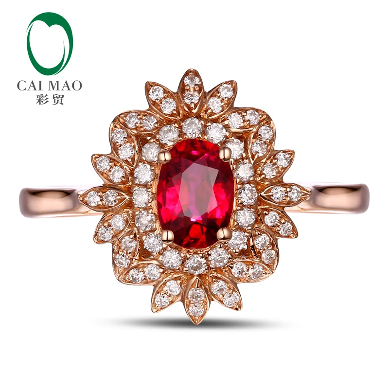 CaiMao 14KT/580 Rose Gold 0.59 ct Red Ruby & 0.23ct Round Cut Diamond Engagement Gemstone Ring Jewelry