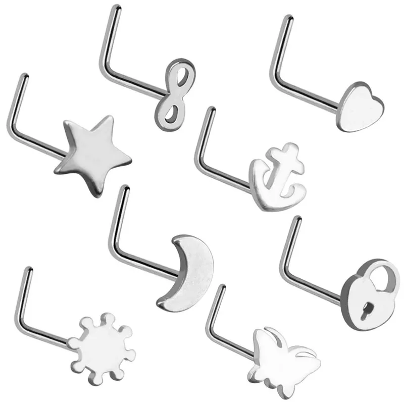 3/4/5/8/21pcs 20G Nose Studs Set Surgical Steel L-Shape Nostril Studs Screws Nose Ring Hoop Body Piercing Jewelry Mixed Styles