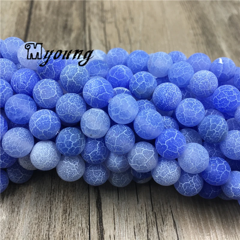 5Strands Matte Fancy Blue Fire Crackle Agates Round Loose Beads MY1626