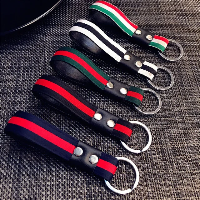 Famous Red Green Tricolor Stripe Leather Rope Car Keychain Key Chains Holder Hanging Key Rings Keyring Bag Gifts For Men