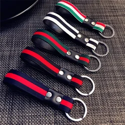 Famous Red Green Tricolor Stripe Leather Rope Car Keychain Key Chains Holder Hanging Key Rings Keyring Bag Gifts For Men