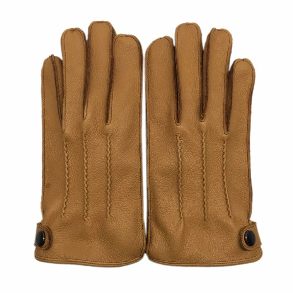 LUXURY 2024 Winter New Men Genuine Leather Deerskin Thick Velvet Warm Gloves Male Sewing Black/Brown Thicken Luva Deri Eldiven