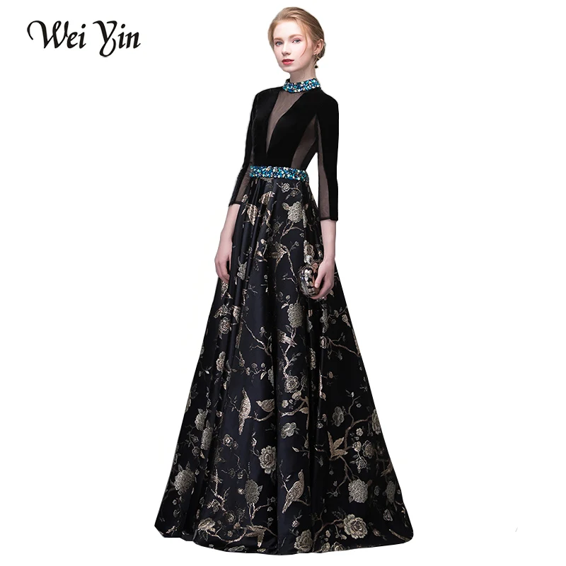 

wei yin 2022 New Vintage Black High-end Evening Dresses Long Sleeved Velour with Satin Luxury Crystal Prom Party Gown Custom