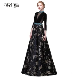 Customized New Vintage Black High-end Evening Dresses Long Sleeved Velour with Satin Luxury Crystal Prom Party Gown Custom