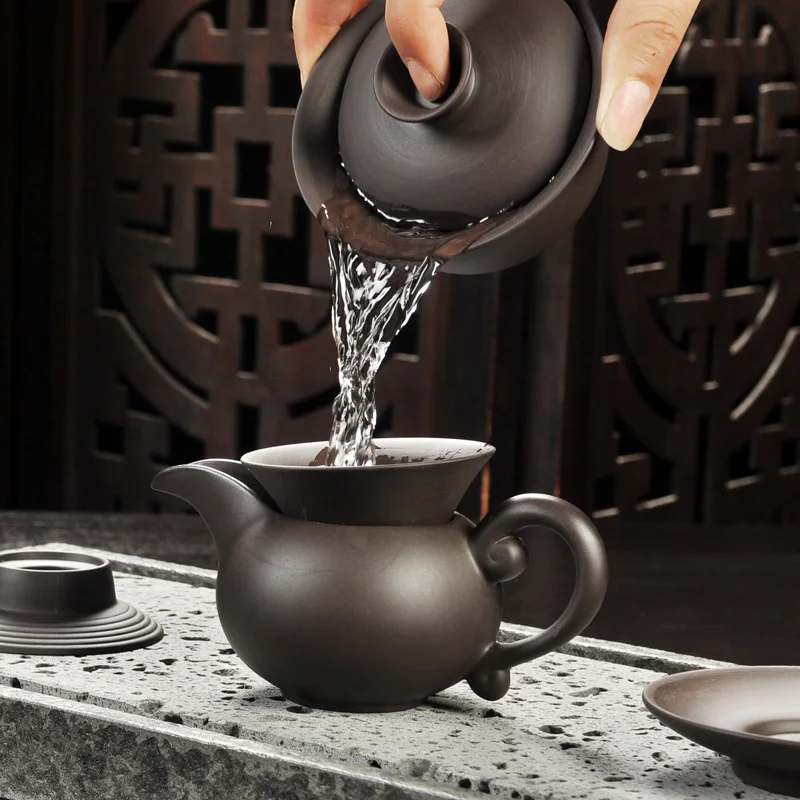 Yixing Purple Sand Tea Set Black/Red Ceramic Kung Fu Teapot Handmade Teacup Gaiwan Tureen Tea Ceremony (Not Include Stone Table)