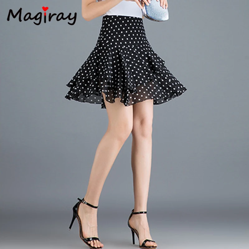 Ruffle Pleated Chiffon Skirt Women Wrap Korean High Waist A Line Mini Skater Skirt Sexy Red Black Polka Dot Dance Elegant Skirt