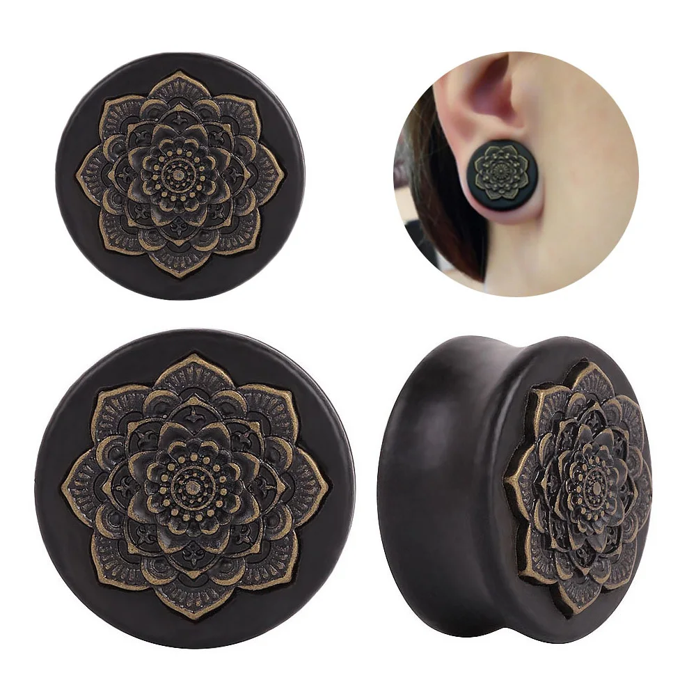 New Style 2PCS Black Natural Wood Mandala Flower Ear Plugs Tunnels Ear Expanders Earring Gauges Piercing Plug Ears Body Jewelry