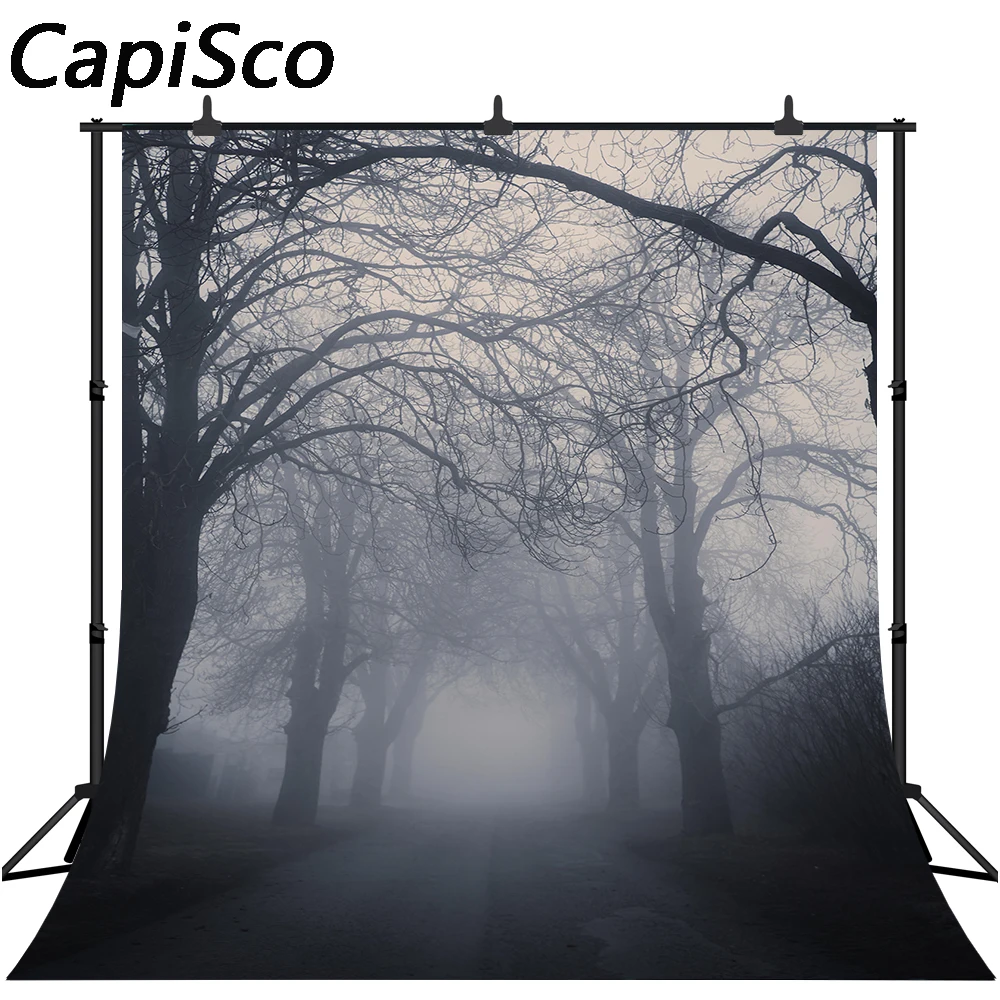 Capisco Halloween theme photography  background country road night Foggy tree dark fantasy backdrop outdoor photophone