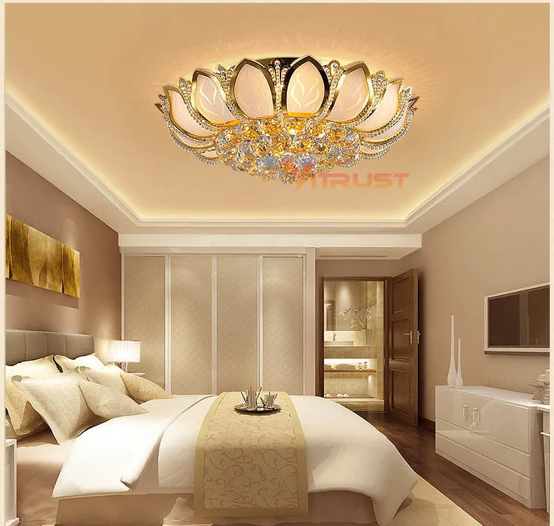 European Luxury Golden LED crystal Ceiling Light E14 Bulbs Golden Lighting Crystal Circular Living Room Ceiling Lamp