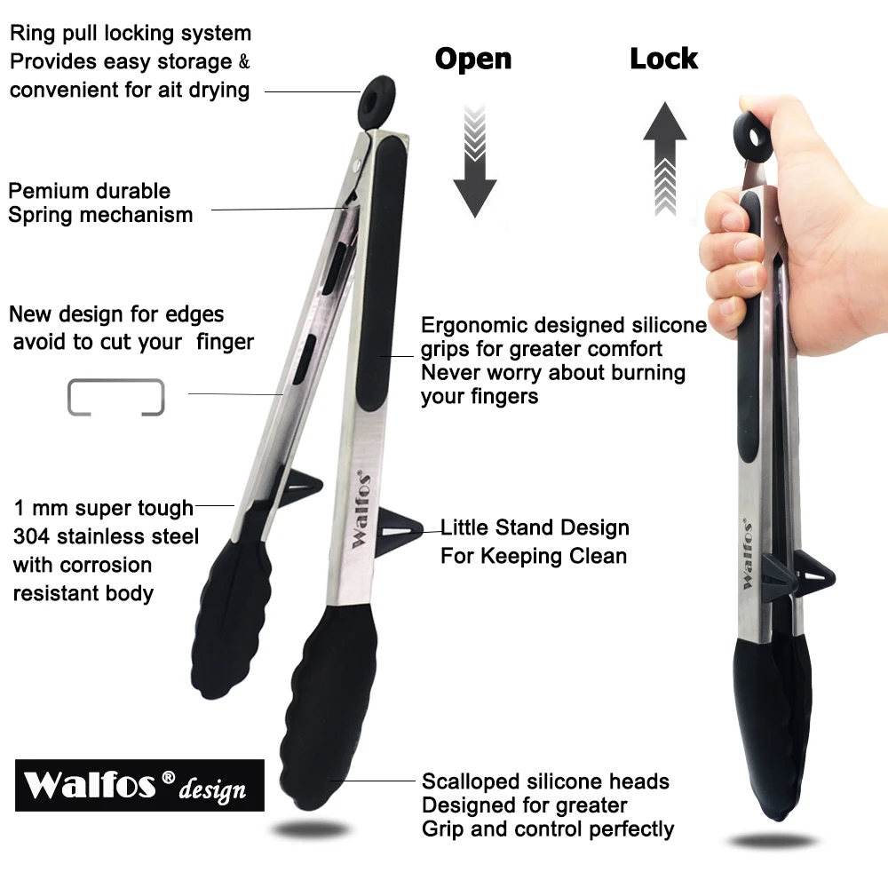 WALFOS 22 CM And 30CM Food Grade 100% Silicone Food Tong Kitchen Tongs Utensil Cooking Tong Clip Clamp Salad Serving BBQ Tools