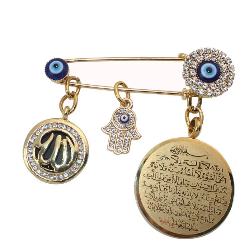 ZKD muslim islam AYATUL KURSI Allah Turkish evil eye hamsa hand of fatima Stainless Steel Scarf Hijab brooch Baby Pin