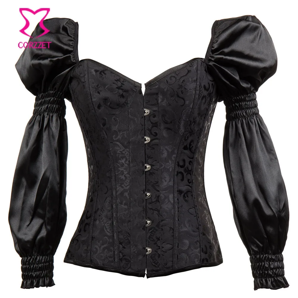 

Corzzet Gothic Black Jacquard Steel Boned Corset Attached Sleeve Burlesque Victorian Steampunk Clothing
