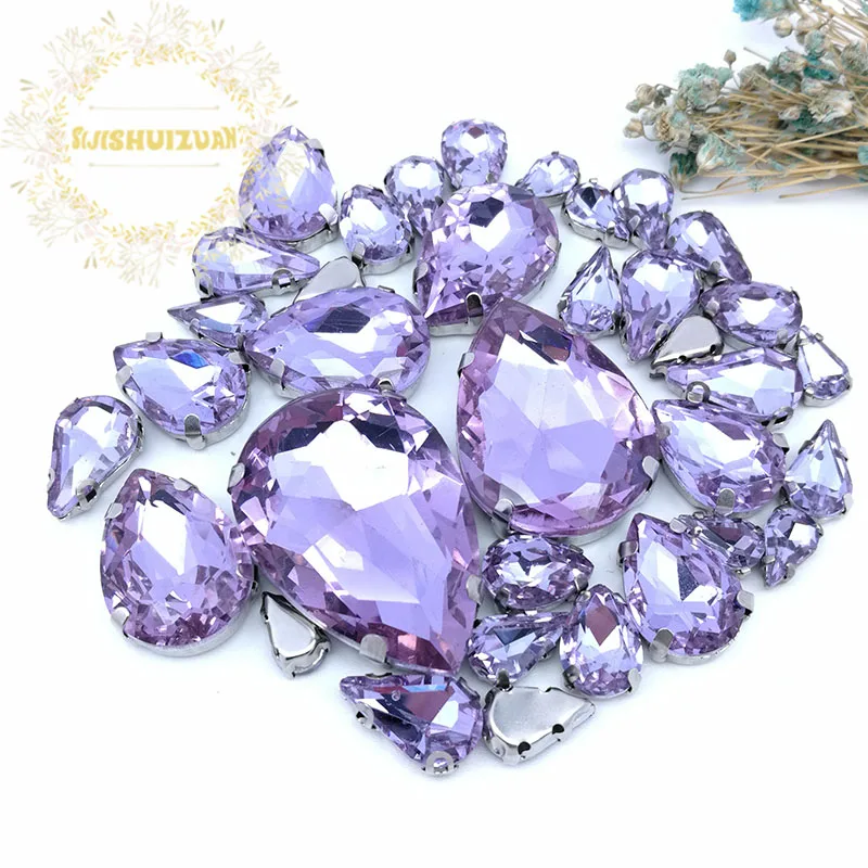 30PCS Hot Sale Wholesale Mix Drop Shape Silver Claw Sew On Glass Crystal Clear Crystal Violet Rhinestones for Dress Wedding
