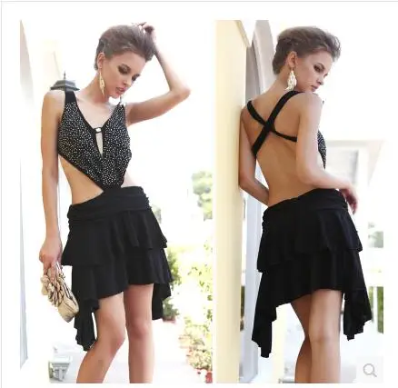 summer new deep V-neck halter Crystal Hemp national costume skirt sexy Rhinestone Stretch stage Latin dance costumes