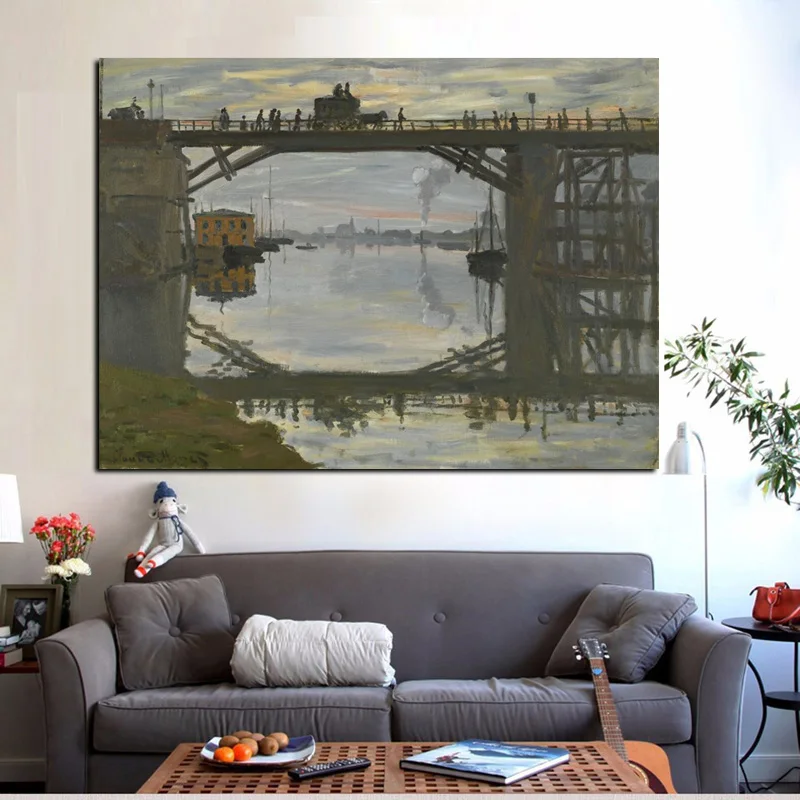 Print Canvas Art Claude Monet Bridge at Argenteuil Impressionist Landscape Abstract Painting Poster Wall Picture for Living Room