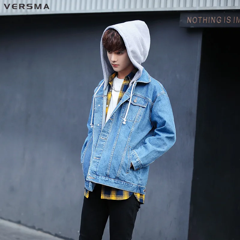 VERSMA 2017 Spring Japanese Harajuku BF Oversized Hooded Denim Shirt Men Shirt Long Sleeve Hip Hop Casual Denim Jacket Men Coat