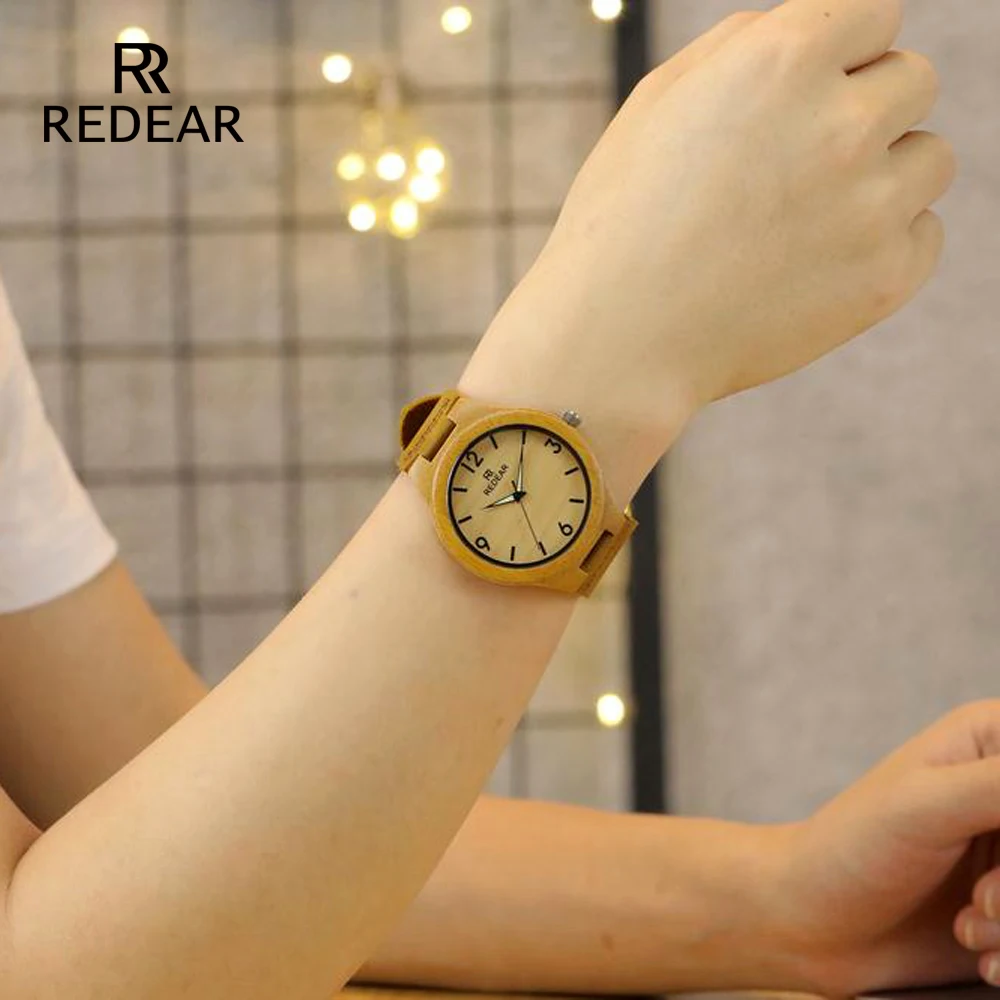 REDEAR amante relojes clásico de madera de bambú de relojes con luz de la noche de puntero de cuero Real para las mujeres Unisex regalo en caja de regalo