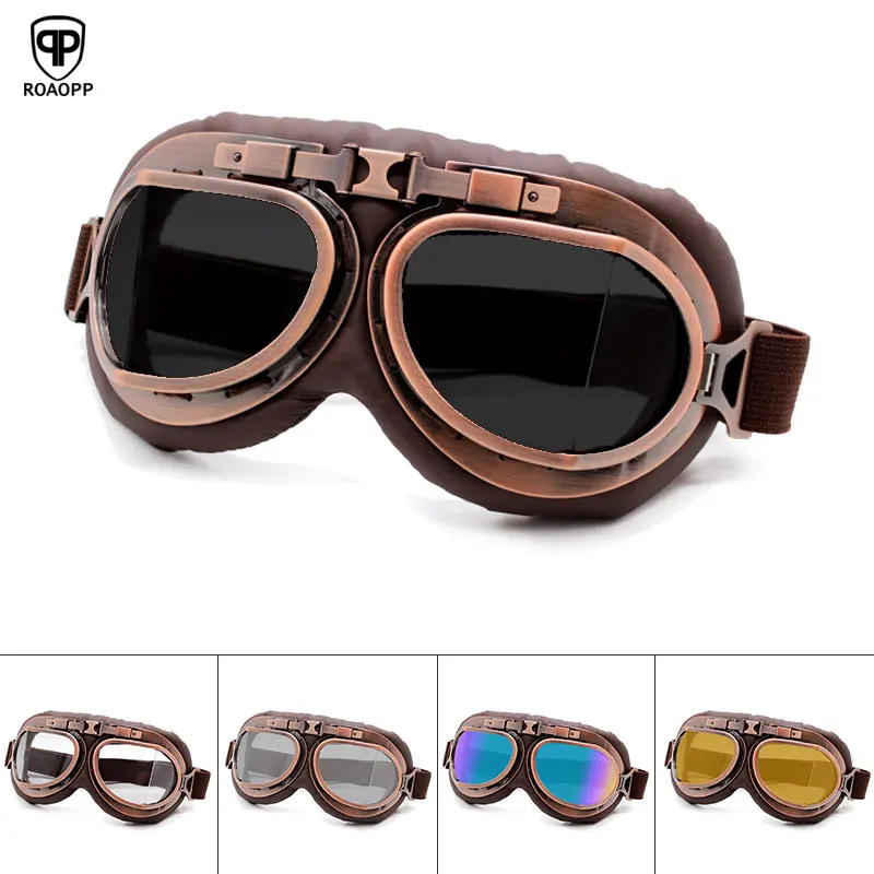 Roaopp Retro Motorcycle Goggles Glasses Vintage Moto Classic Goggles for Harley Pilot Steampunk ATV Bike Copper Helmet