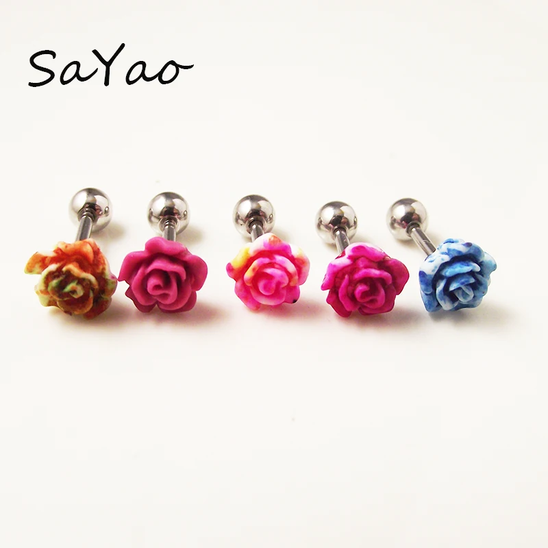 1 piece 16G 6mm Fashion Earring Nail Ear Bone Barbell Rose Flower Helix Ear Stud Love Flowers Tragus Ear Piercing Body Jewelry