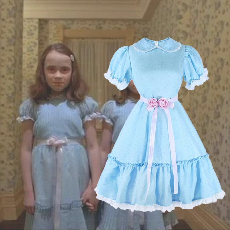 The Shining Creepy Twin Sisters Grady Daughter Blue Dress Horror Movie Halloween Cosplay Costume E001