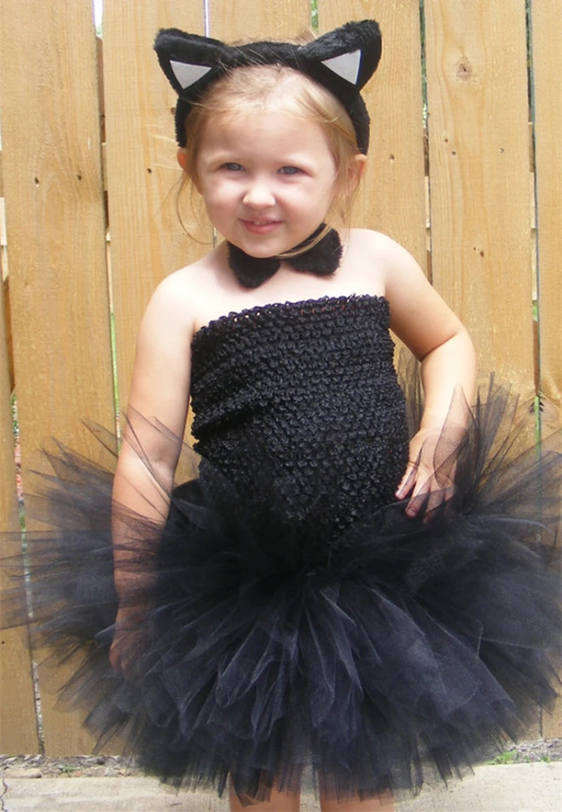 Vestido de tutú de ganchillo para niña, corsé de tul de 2 capas, Tutus de Ballet con lazo de gato, fiesta, personalizado, negro y blanco