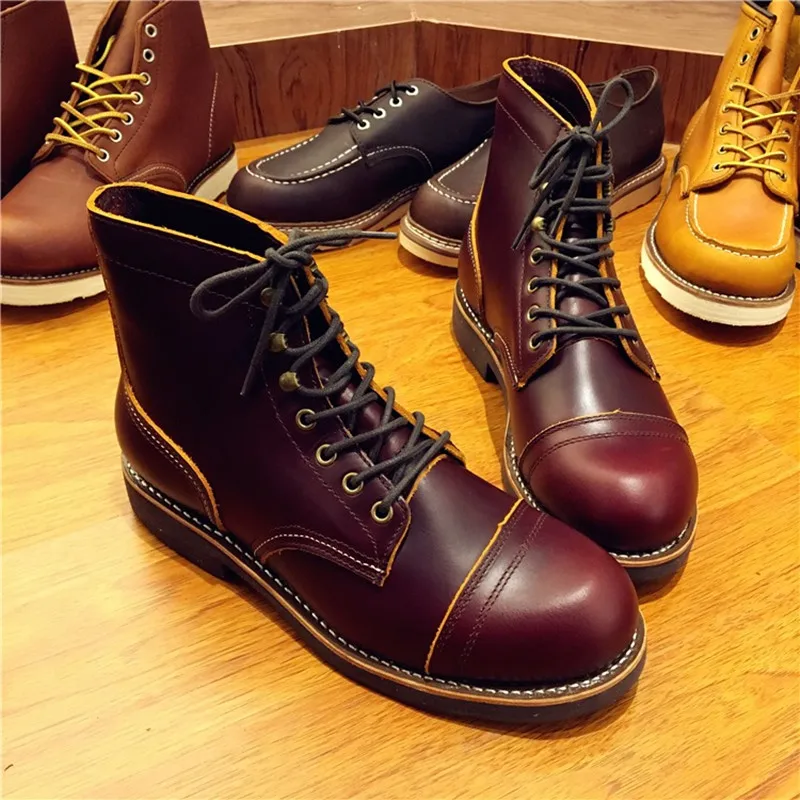 Handmade Genuine Leather Original Unisex Spring Winter Boots Men Wing Motorcycle Fashion Work Wedding Boots Wine Red Color