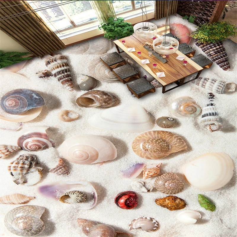 beibehang Custom photo 3d waterproof wear-resistant PVC floor painting beach shell conch 3D floor tiles to draw papel de parede