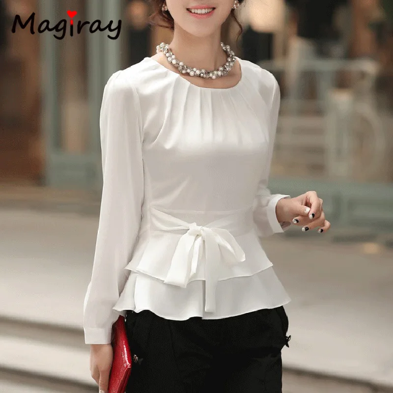 Women\'s Butterfly Chiffon Blouses, Pleated O Neck, White, Long Sleeve, Peplum Belt, Korean, Elegant Female Office Shirt, C15,