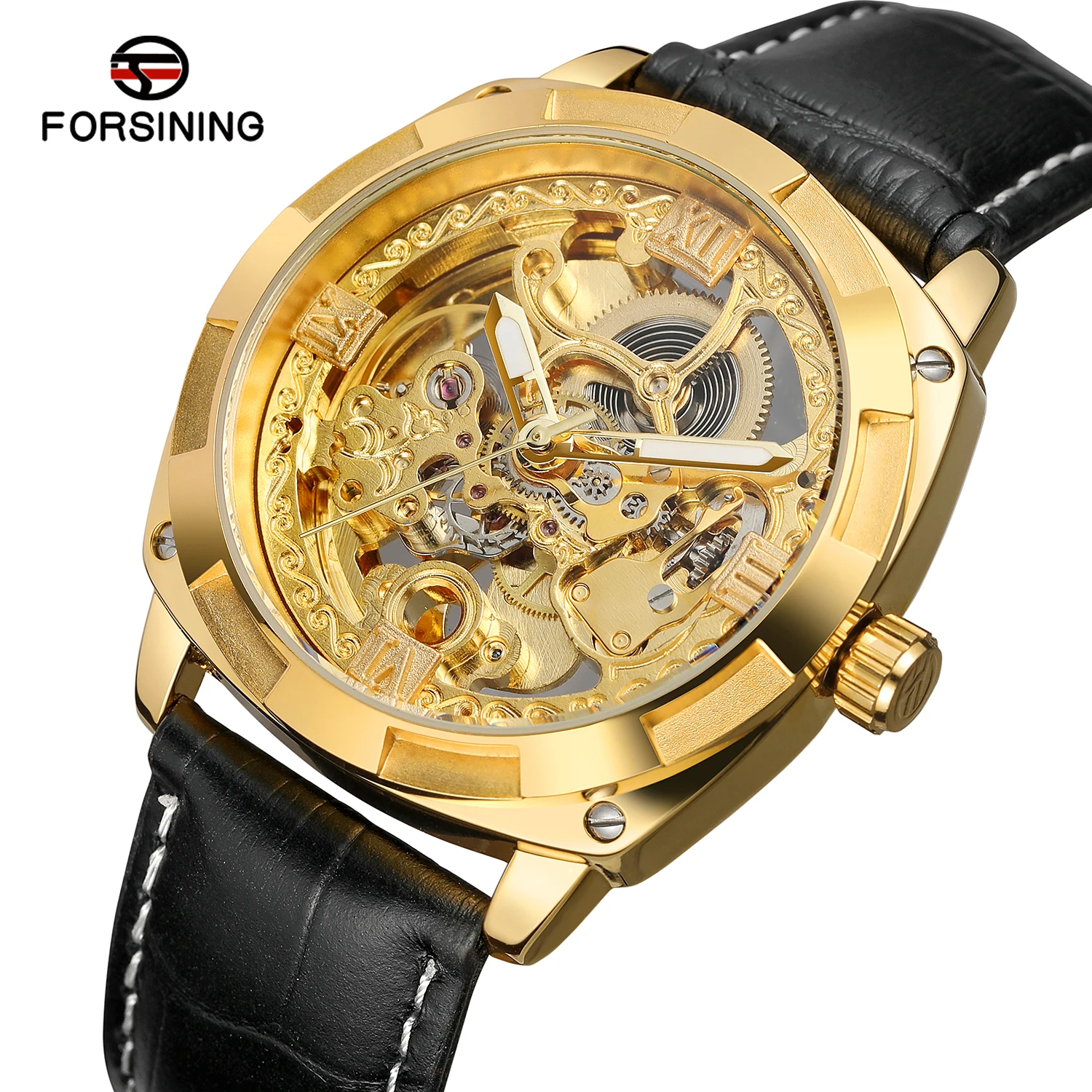 Forsining Top Brand  Royal Golden Flower Transparent Genuine Leather Creative Mens Clock Luxury Gold Skeleton Mechanical Watches