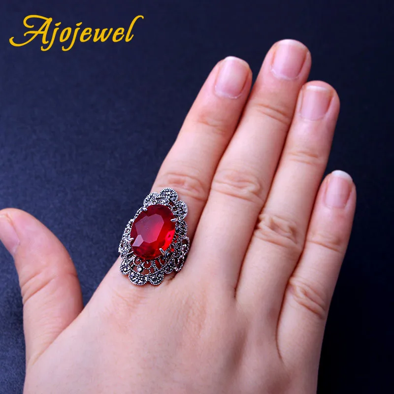 Ajojewel Shining Big Oval Red/Black Crystal Rings For Women Black CZ Flower Beautiful Vintage Jewelry