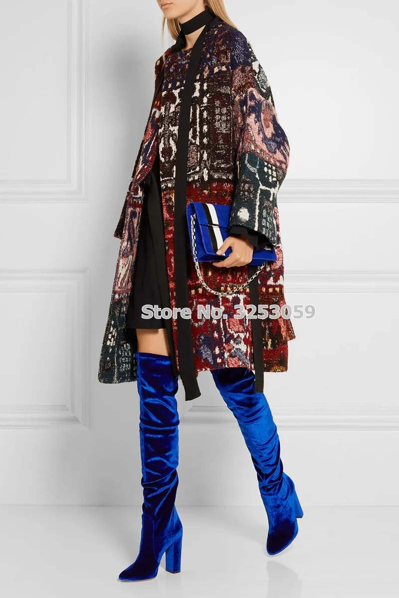 ALMUDENA Luxurious Royal Blue Velvet Chunky Heel Tall Boots Over The Knee Thick Heel Dress Boots Fall Winter Motorcycle Shoes