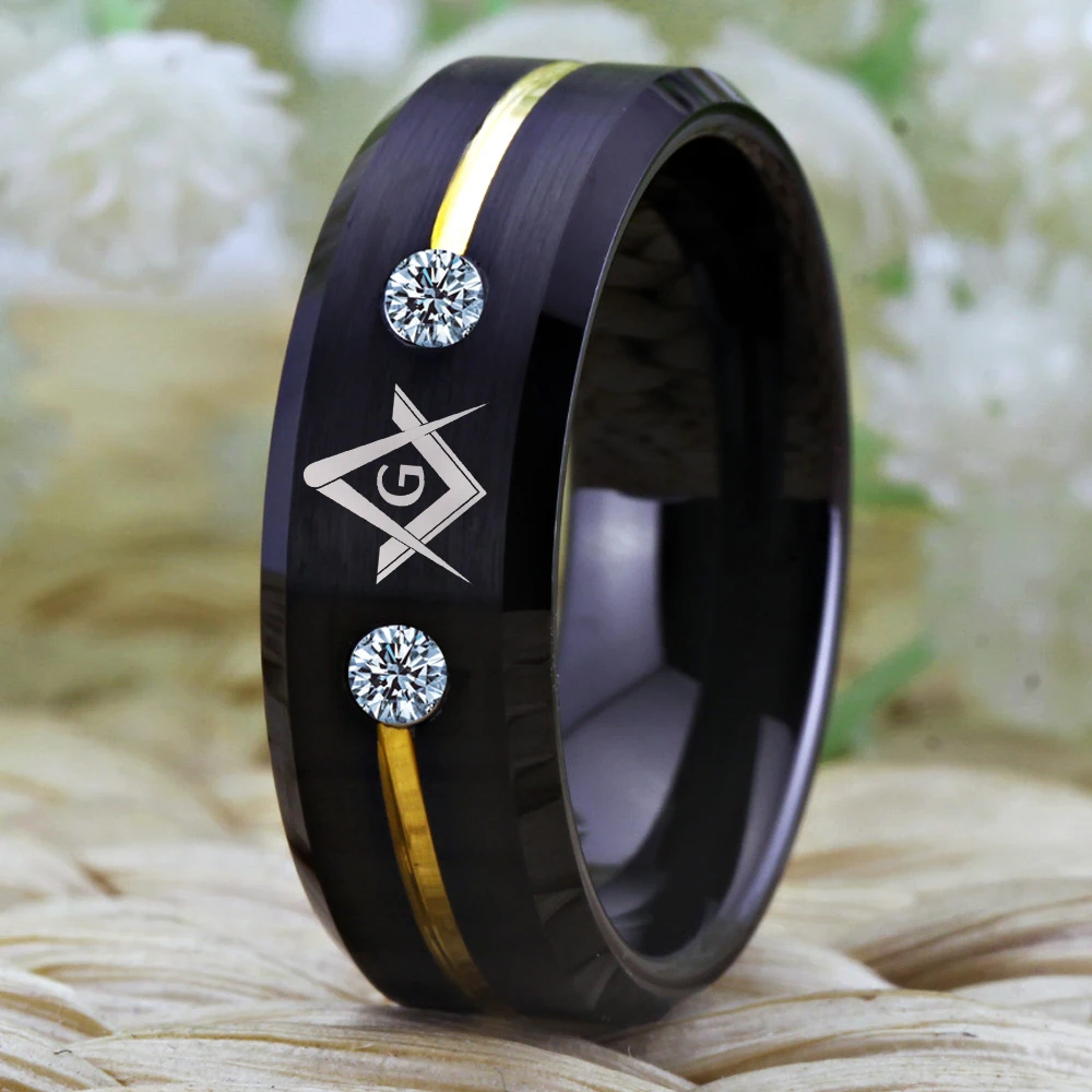 Tungsten Carbide Rings Vacuum Plating Black Golden Line Rings With White Stones Mason Masonic Tungsten Ring Anniversary Gift