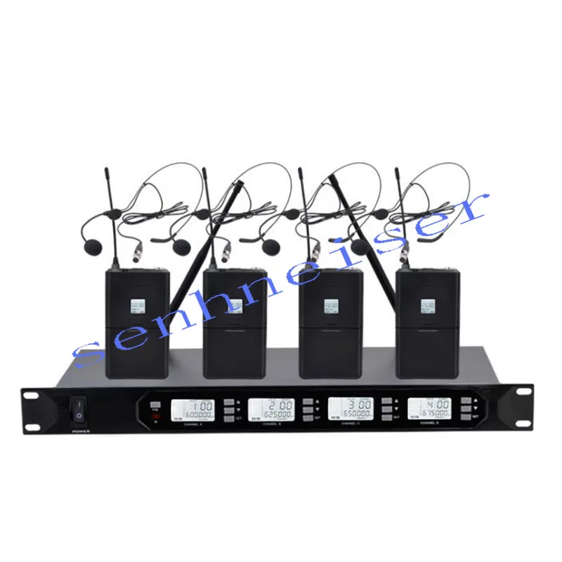 Wireless Microphone System,  UHF Dual Channel Wireless Microphone Set with 4 Headsets  Microphone