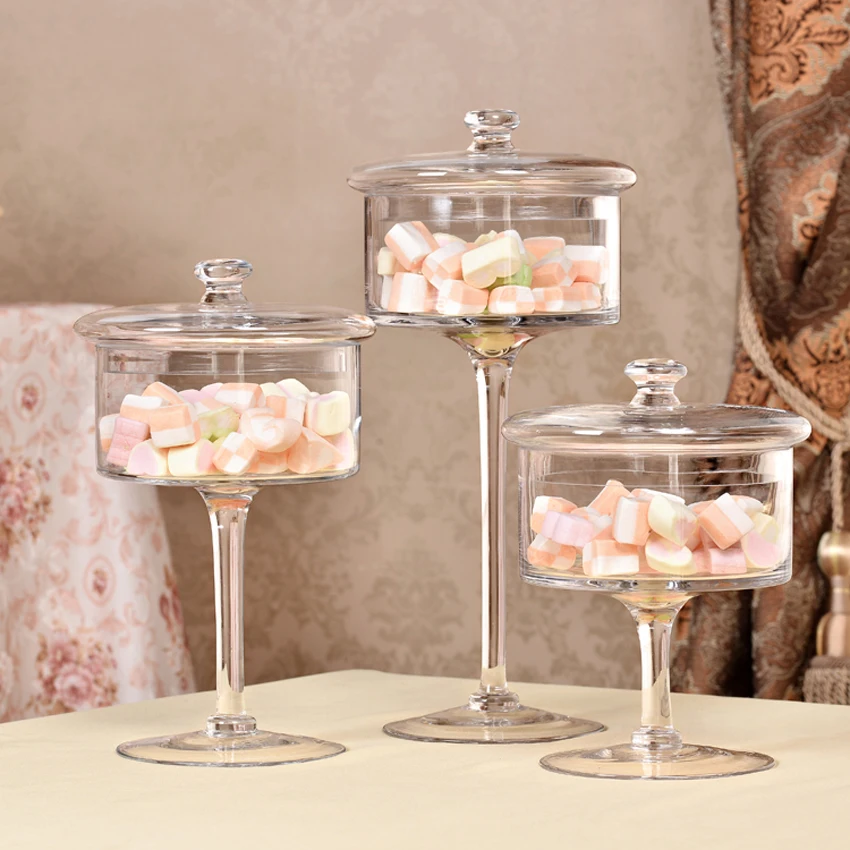 European Style Transparent Glass Bottles Dust-proof Lid Storage Cake Stand Dessert Candy Jars Tea Caddy Vase Wedding Home Decor