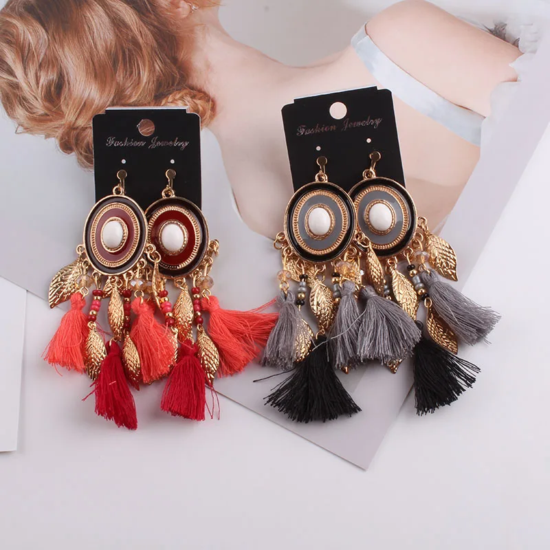 Bohemian Tassel Clip Earrings No Piercing for Women Wedding Party Acrylic Beads Statement Earrings Long Vintage Fringing Jewelry